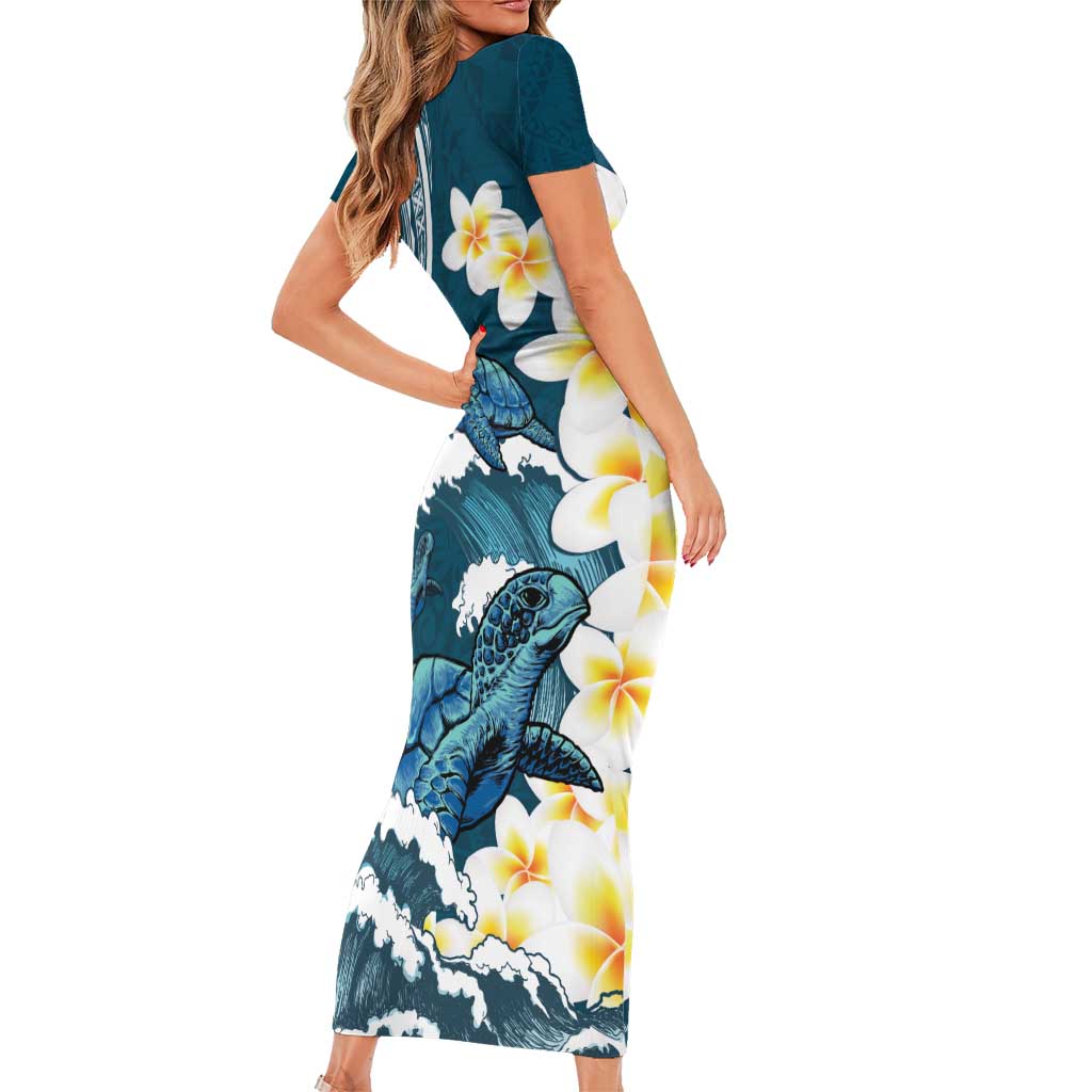 Dark Teal Polynesia Family Matching Short Sleeve Bodycon Dress and Hawaiian Shirt Polynesian Frangipani With Sea Turtles LT14 - Polynesian Pride