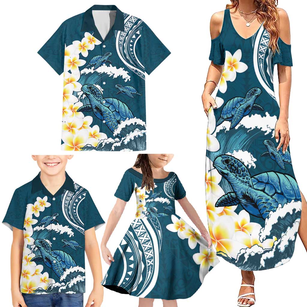 Dark Teal Polynesia Family Matching Summer Maxi Dress and Hawaiian Shirt Polynesian Frangipani With Sea Turtles LT14 - Polynesian Pride
