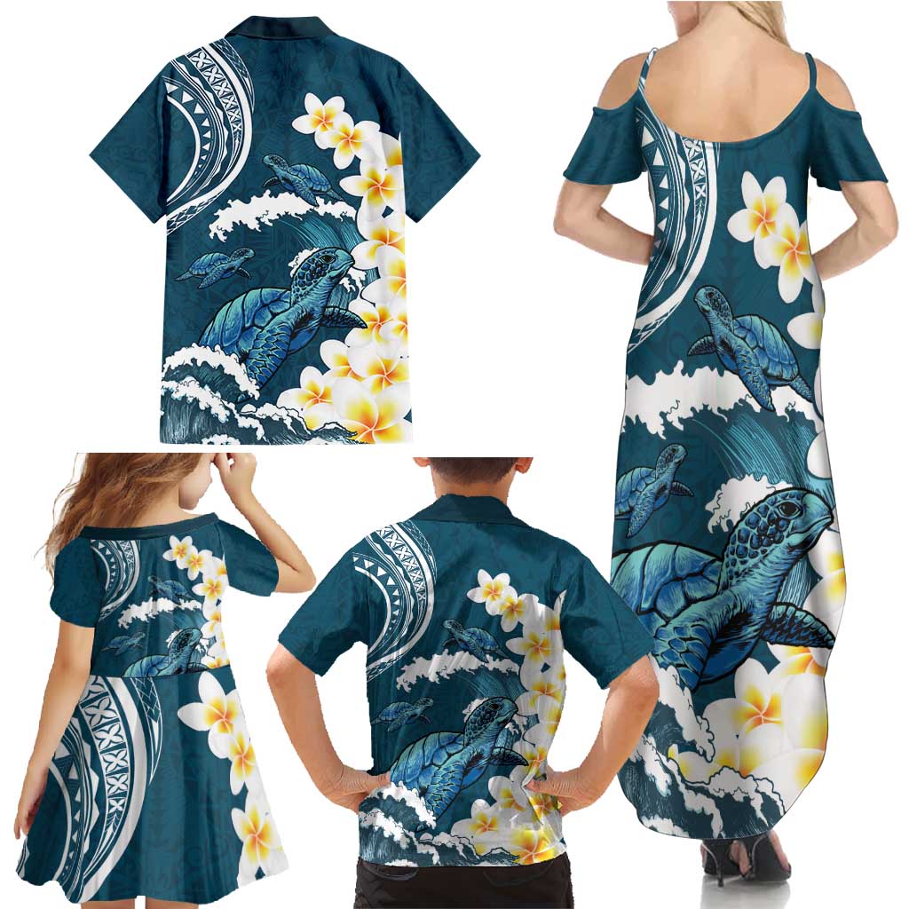 Dark Teal Polynesia Family Matching Summer Maxi Dress and Hawaiian Shirt Polynesian Frangipani With Sea Turtles LT14 - Polynesian Pride