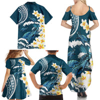 Dark Teal Polynesia Family Matching Summer Maxi Dress and Hawaiian Shirt Polynesian Frangipani With Sea Turtles LT14 - Polynesian Pride