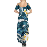 Dark Teal Polynesia Family Matching Summer Maxi Dress and Hawaiian Shirt Polynesian Frangipani With Sea Turtles LT14 - Polynesian Pride