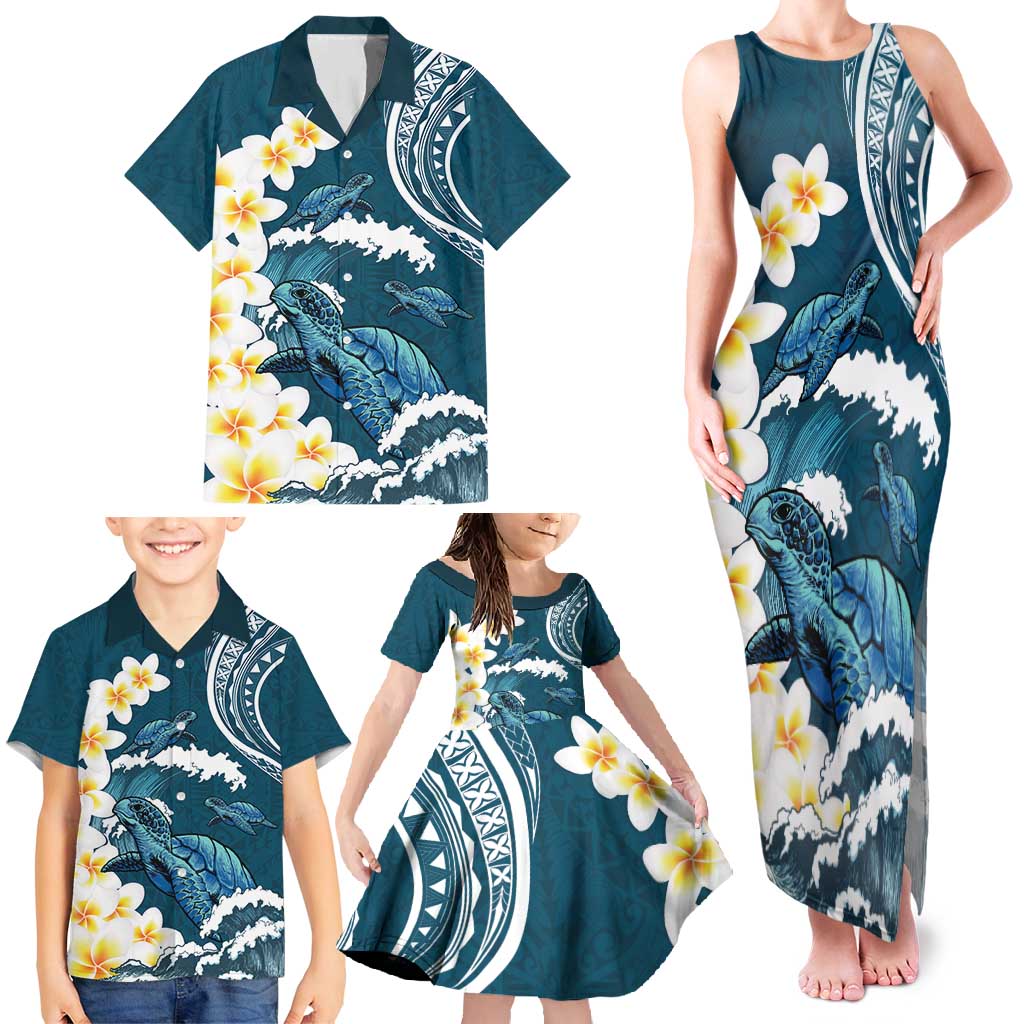 Dark Teal Polynesia Family Matching Tank Maxi Dress and Hawaiian Shirt Polynesian Frangipani With Sea Turtles LT14 - Polynesian Pride