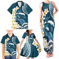Dark Teal Polynesia Family Matching Tank Maxi Dress and Hawaiian Shirt Polynesian Frangipani With Sea Turtles LT14 - Polynesian Pride