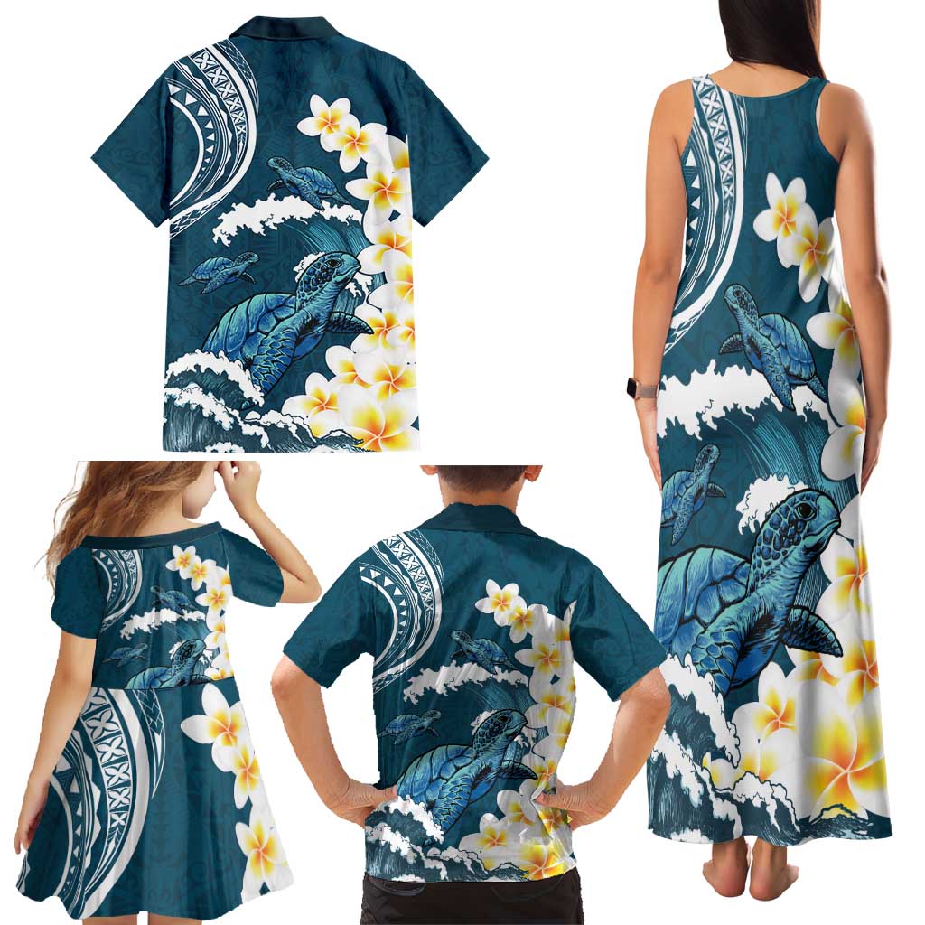 Dark Teal Polynesia Family Matching Tank Maxi Dress and Hawaiian Shirt Polynesian Frangipani With Sea Turtles LT14 - Polynesian Pride