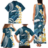 Dark Teal Polynesia Family Matching Tank Maxi Dress and Hawaiian Shirt Polynesian Frangipani With Sea Turtles LT14 - Polynesian Pride