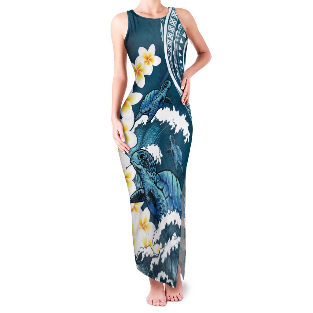 Dark Teal Polynesia Family Matching Tank Maxi Dress and Hawaiian Shirt Polynesian Frangipani With Sea Turtles LT14 Mom's Dress Dark Teal - Polynesian Pride