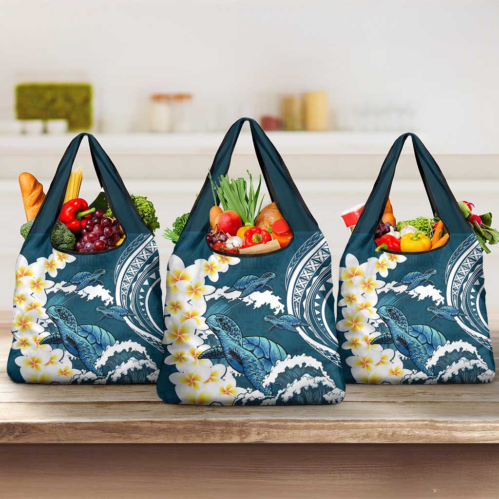 Dark Teal Polynesia Grocery Bag Polynesian Frangipani With Sea Turtles