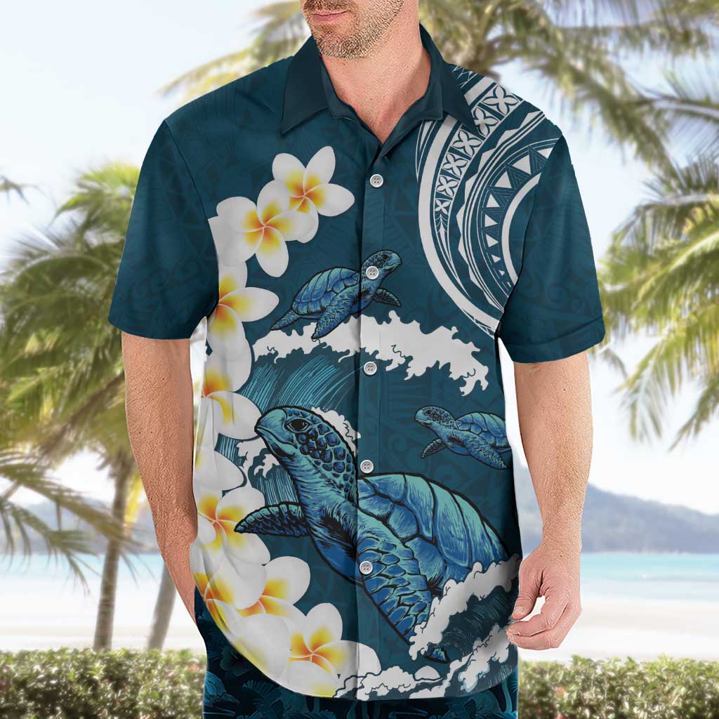 Dark Teal Polynesia Hawaiian Shirt Polynesian Frangipani With Sea Turtles LT14 - Polynesian Pride