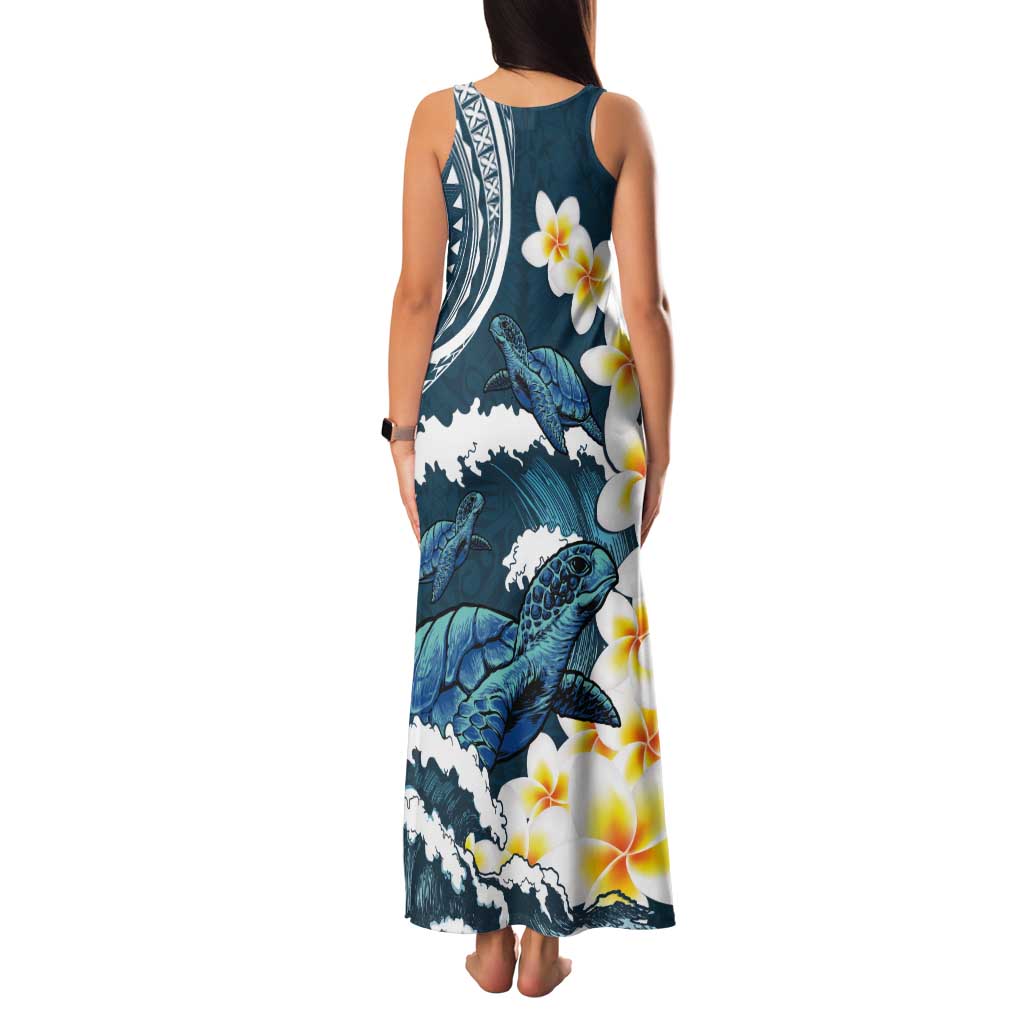 Dark Teal Polynesia Tank Maxi Dress Polynesian Frangipani With Sea Turtles
