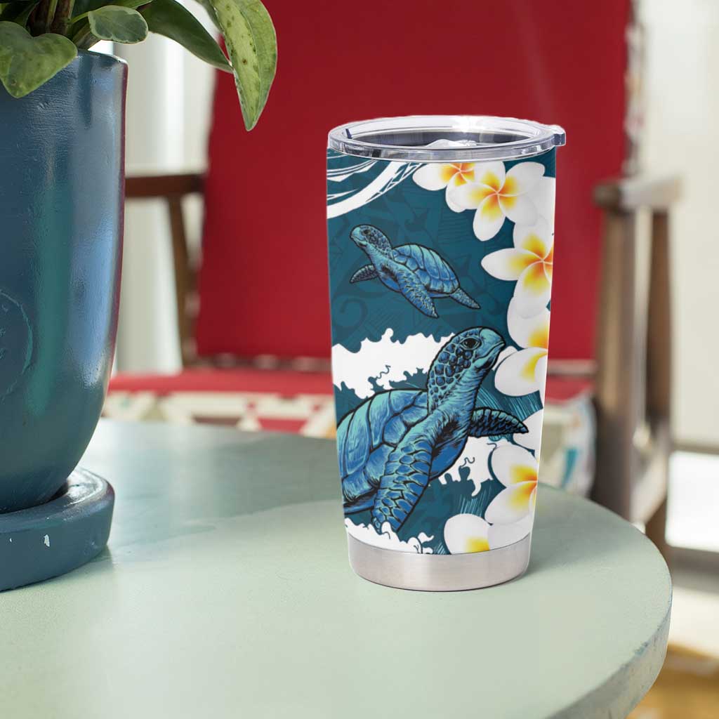 Dark Teal Polynesia Tumbler Cup Polynesian Frangipani With Sea Turtles