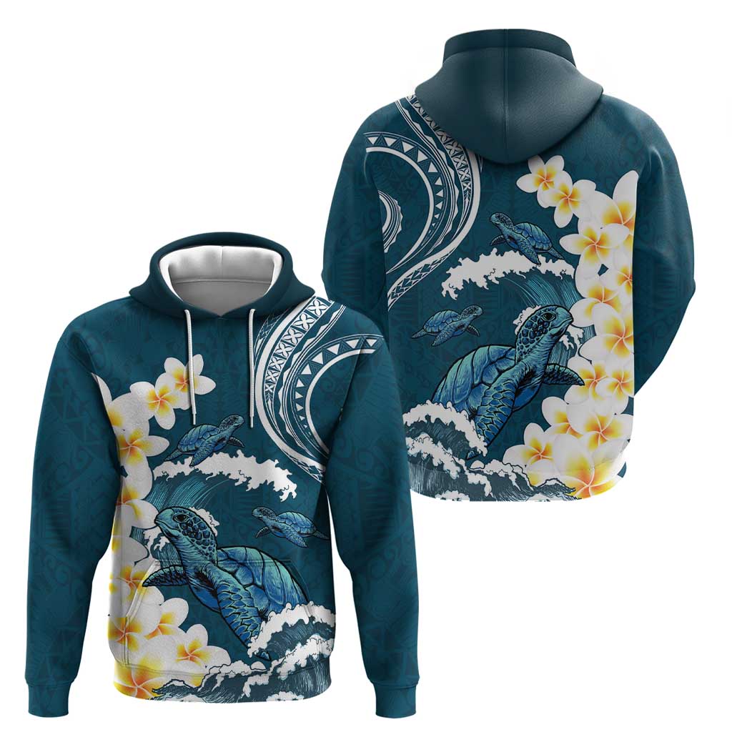 Dark Teal Polynesia Zip Hoodie Polynesian Frangipani With Sea Turtles