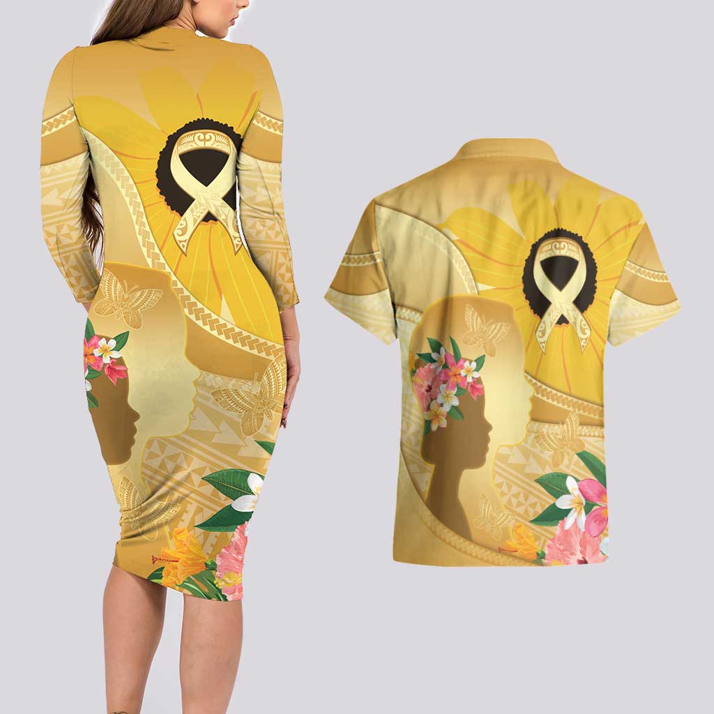 Polynesia Childhood Cancer Awareness Couples Matching Long Sleeve Bodycon Dress and Hawaiian Shirt Be Bold Go Gold Polynesian Art LT14 - Polynesian Pride