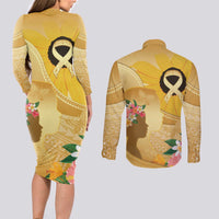 Polynesia Childhood Cancer Awareness Couples Matching Long Sleeve Bodycon Dress and Long Sleeve Button Shirt Be Bold Go Gold Polynesian Art LT14 - Polynesian Pride