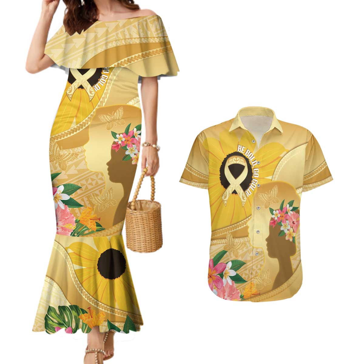 Polynesia Childhood Cancer Awareness Couples Matching Mermaid Dress and Hawaiian Shirt Be Bold Go Gold Polynesian Art LT14 Gold - Polynesian Pride