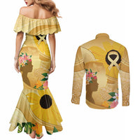 Polynesia Childhood Cancer Awareness Couples Matching Mermaid Dress and Long Sleeve Button Shirt Be Bold Go Gold Polynesian Art LT14 - Polynesian Pride