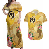 Polynesia Childhood Cancer Awareness Couples Matching Off Shoulder Maxi Dress and Hawaiian Shirt Be Bold Go Gold Polynesian Art LT14 Gold - Polynesian Pride