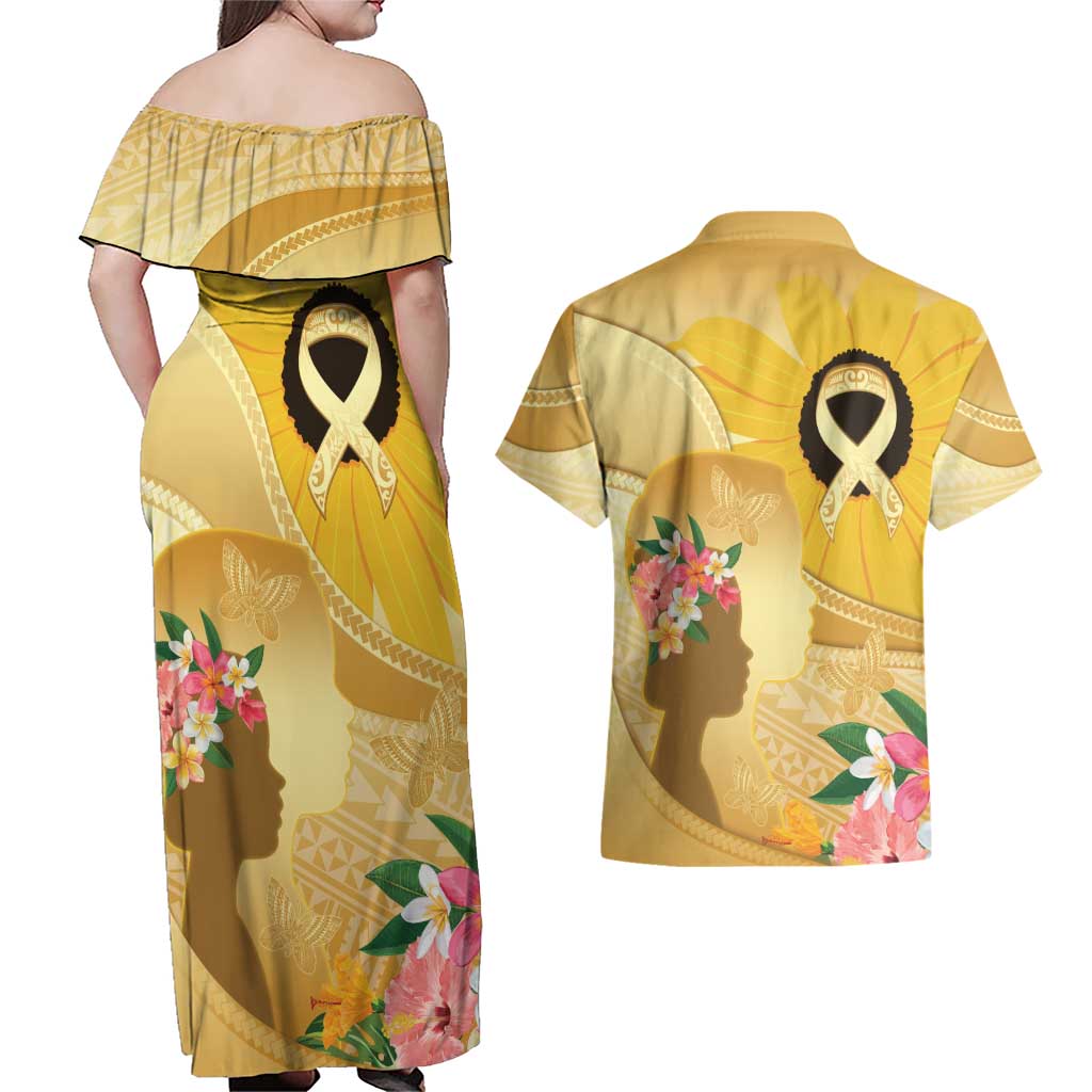 Polynesia Childhood Cancer Awareness Couples Matching Off Shoulder Maxi Dress and Hawaiian Shirt Be Bold Go Gold Polynesian Art LT14 - Polynesian Pride