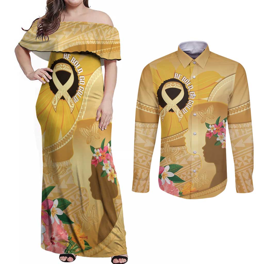Polynesia Childhood Cancer Awareness Couples Matching Off Shoulder Maxi Dress and Long Sleeve Button Shirt Be Bold Go Gold Polynesian Art LT14 Gold - Polynesian Pride