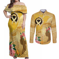 Polynesia Childhood Cancer Awareness Couples Matching Off Shoulder Maxi Dress and Long Sleeve Button Shirt Be Bold Go Gold Polynesian Art LT14 Gold - Polynesian Pride