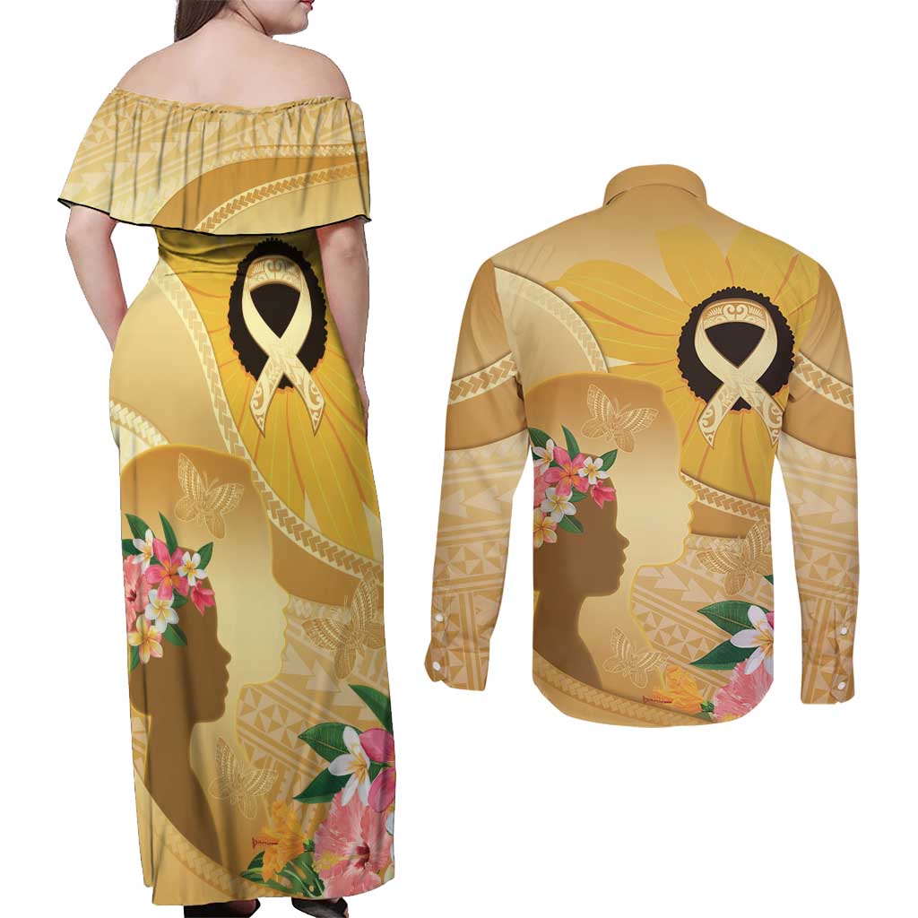 Polynesia Childhood Cancer Awareness Couples Matching Off Shoulder Maxi Dress and Long Sleeve Button Shirt Be Bold Go Gold Polynesian Art LT14 - Polynesian Pride