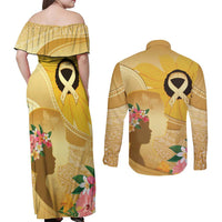Polynesia Childhood Cancer Awareness Couples Matching Off Shoulder Maxi Dress and Long Sleeve Button Shirt Be Bold Go Gold Polynesian Art LT14 - Polynesian Pride