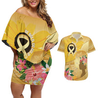 Polynesia Childhood Cancer Awareness Couples Matching Off Shoulder Short Dress and Hawaiian Shirt Be Bold Go Gold Polynesian Art LT14 Gold - Polynesian Pride