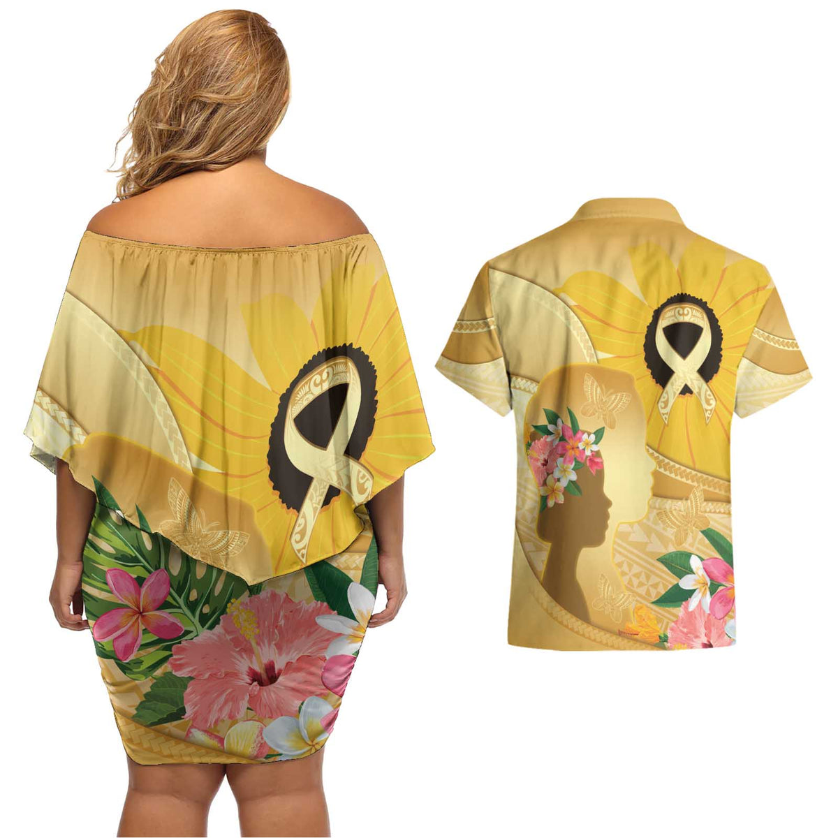 Polynesia Childhood Cancer Awareness Couples Matching Off Shoulder Short Dress and Hawaiian Shirt Be Bold Go Gold Polynesian Art LT14 - Polynesian Pride