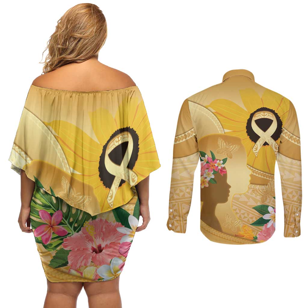 Polynesia Childhood Cancer Awareness Couples Matching Off Shoulder Short Dress and Long Sleeve Button Shirt Be Bold Go Gold Polynesian Art LT14 - Polynesian Pride