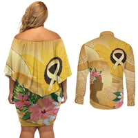 Polynesia Childhood Cancer Awareness Couples Matching Off Shoulder Short Dress and Long Sleeve Button Shirt Be Bold Go Gold Polynesian Art LT14 - Polynesian Pride