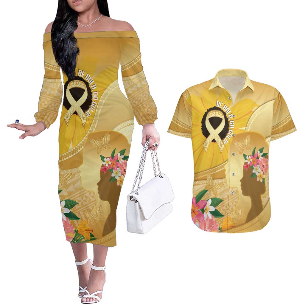 Polynesia Childhood Cancer Awareness Couples Matching Off The Shoulder Long Sleeve Dress and Hawaiian Shirt Be Bold Go Gold Polynesian Art LT14 Gold - Polynesian Pride