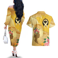 Polynesia Childhood Cancer Awareness Couples Matching Off The Shoulder Long Sleeve Dress and Hawaiian Shirt Be Bold Go Gold Polynesian Art LT14 - Polynesian Pride