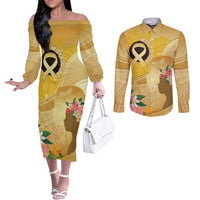 Polynesia Childhood Cancer Awareness Couples Matching Off The Shoulder Long Sleeve Dress and Long Sleeve Button Shirt Be Bold Go Gold Polynesian Art LT14 Gold - Polynesian Pride