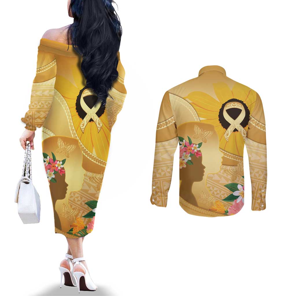 Polynesia Childhood Cancer Awareness Couples Matching Off The Shoulder Long Sleeve Dress and Long Sleeve Button Shirt Be Bold Go Gold Polynesian Art LT14 - Polynesian Pride