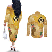 Polynesia Childhood Cancer Awareness Couples Matching Off The Shoulder Long Sleeve Dress and Long Sleeve Button Shirt Be Bold Go Gold Polynesian Art LT14 - Polynesian Pride