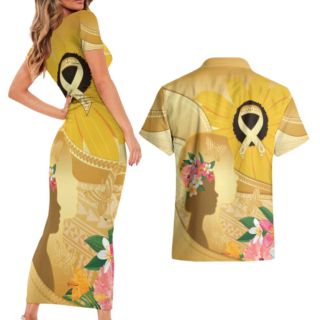 Polynesia Childhood Cancer Awareness Couples Matching Short Sleeve Bodycon Dress and Hawaiian Shirt Be Bold Go Gold Polynesian Art LT14 - Polynesian Pride