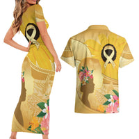 Polynesia Childhood Cancer Awareness Couples Matching Short Sleeve Bodycon Dress and Hawaiian Shirt Be Bold Go Gold Polynesian Art LT14 - Polynesian Pride