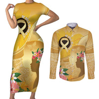 Polynesia Childhood Cancer Awareness Couples Matching Short Sleeve Bodycon Dress and Long Sleeve Button Shirt Be Bold Go Gold Polynesian Art LT14 Gold - Polynesian Pride