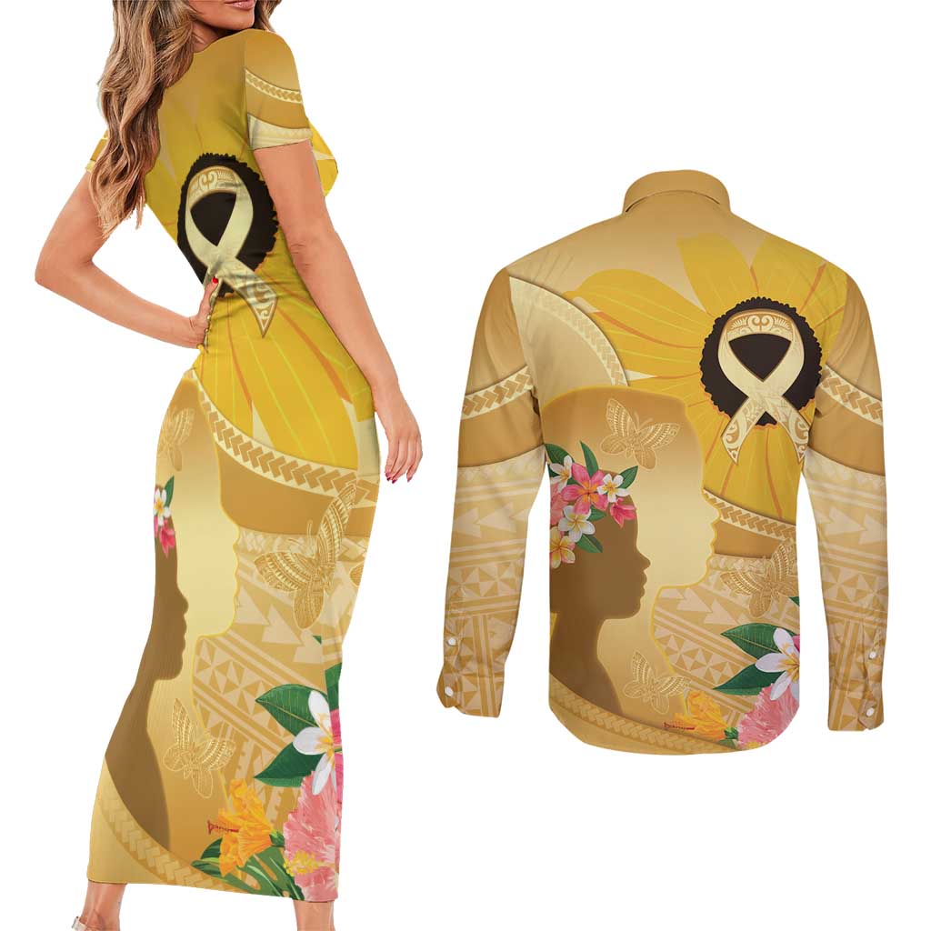 Polynesia Childhood Cancer Awareness Couples Matching Short Sleeve Bodycon Dress and Long Sleeve Button Shirt Be Bold Go Gold Polynesian Art LT14 - Polynesian Pride