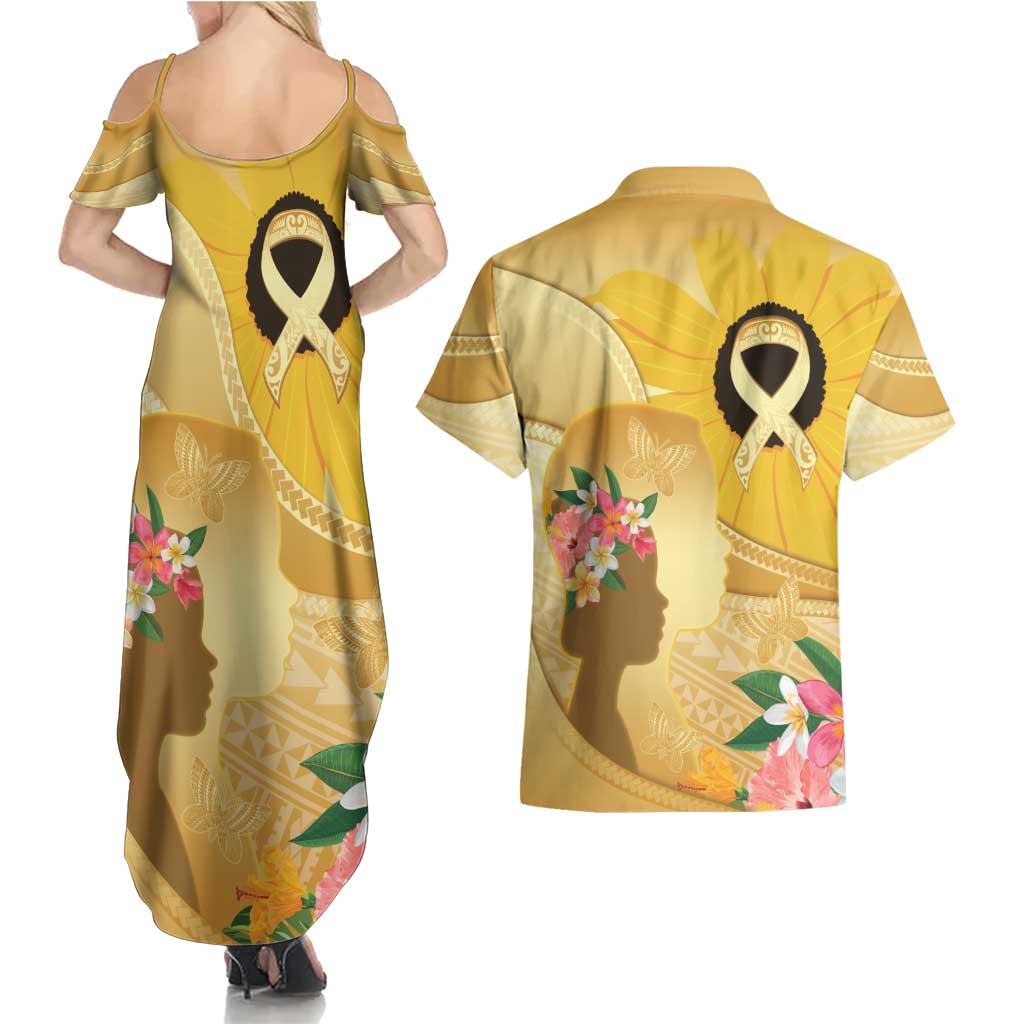 Polynesia Childhood Cancer Awareness Couples Matching Summer Maxi Dress and Hawaiian Shirt Be Bold Go Gold Polynesian Art LT14 - Polynesian Pride