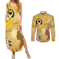 Polynesia Childhood Cancer Awareness Couples Matching Summer Maxi Dress and Long Sleeve Button Shirt Be Bold Go Gold Polynesian Art LT14 Gold - Polynesian Pride