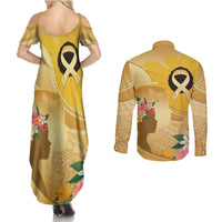 Polynesia Childhood Cancer Awareness Couples Matching Summer Maxi Dress and Long Sleeve Button Shirt Be Bold Go Gold Polynesian Art LT14 - Polynesian Pride
