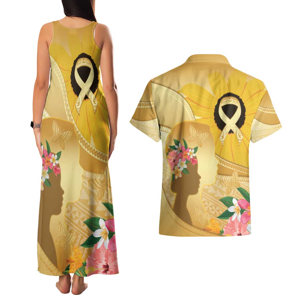Polynesia Childhood Cancer Awareness Couples Matching Tank Maxi Dress and Hawaiian Shirt Be Bold Go Gold Polynesian Art LT14 - Polynesian Pride