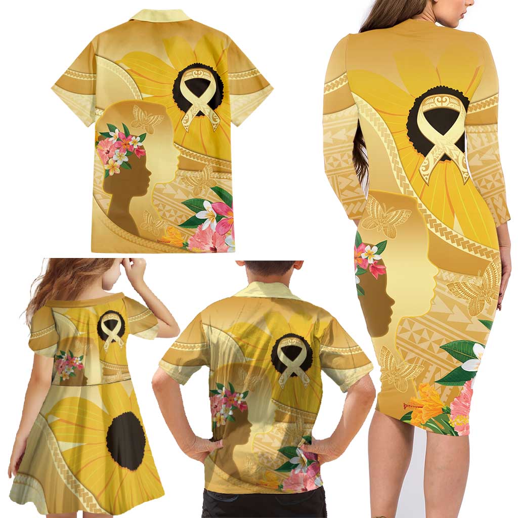 Polynesia Childhood Cancer Awareness Family Matching Long Sleeve Bodycon Dress and Hawaiian Shirt Be Bold Go Gold Polynesian Art LT14 - Polynesian Pride