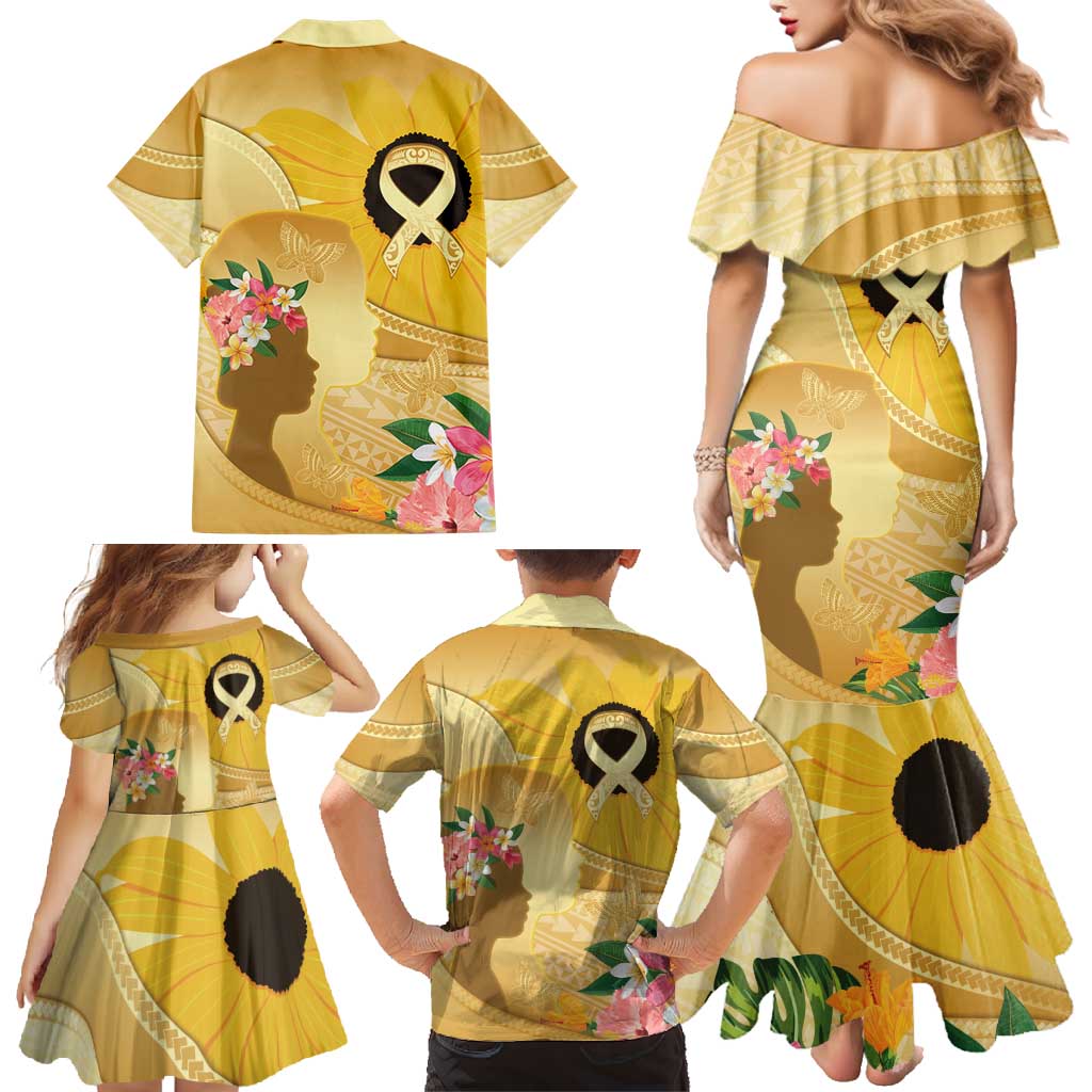 Polynesia Childhood Cancer Awareness Family Matching Mermaid Dress and Hawaiian Shirt Be Bold Go Gold Polynesian Art LT14 - Polynesian Pride