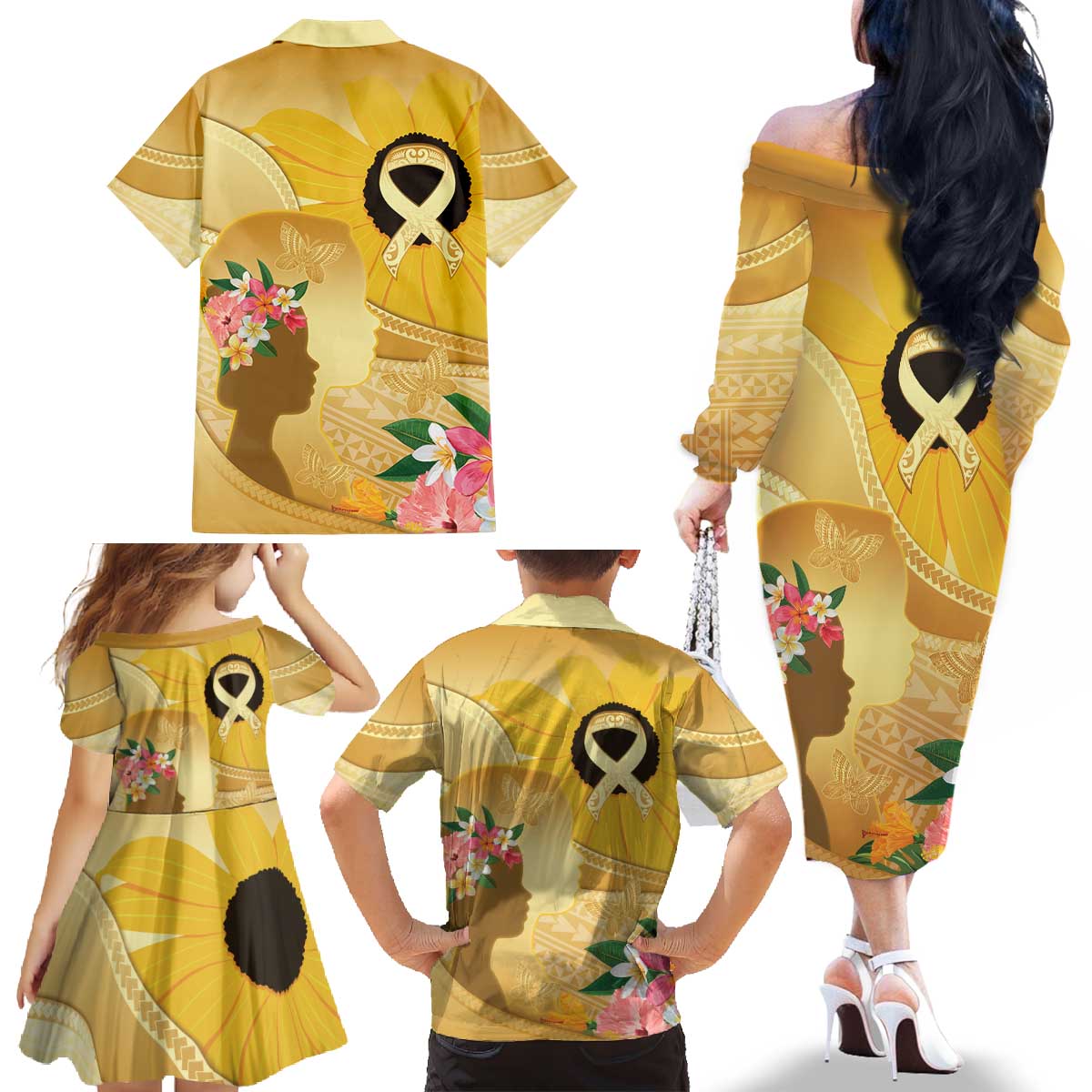 Polynesia Childhood Cancer Awareness Family Matching Off The Shoulder Long Sleeve Dress and Hawaiian Shirt Be Bold Go Gold Polynesian Art LT14 - Polynesian Pride