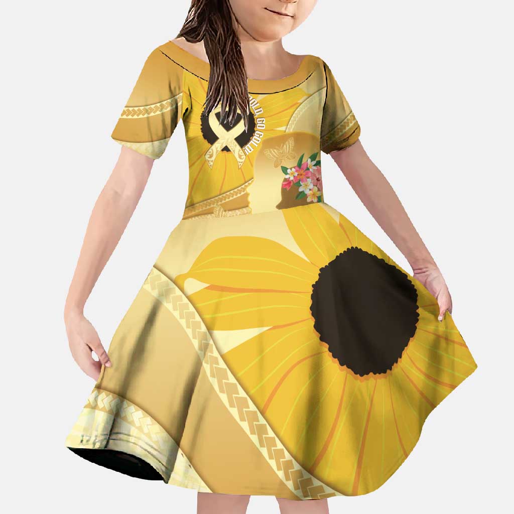 Polynesia Childhood Cancer Awareness Family Matching Off Shoulder Maxi Dress and Hawaiian Shirt Be Bold Go Gold Polynesian Art LT14 Daughter's Dress Gold - Polynesian Pride