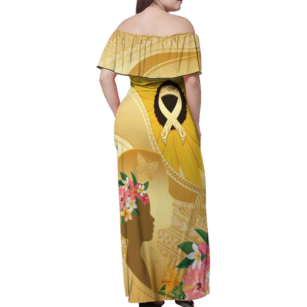 Polynesia Childhood Cancer Awareness Family Matching Off Shoulder Maxi Dress and Hawaiian Shirt Be Bold Go Gold Polynesian Art LT14 - Polynesian Pride
