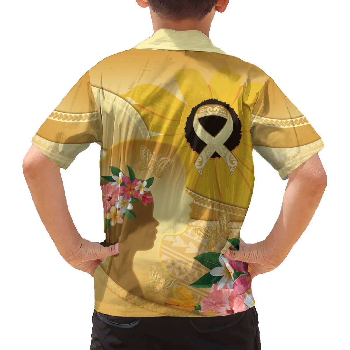 Polynesia Childhood Cancer Awareness Family Matching Off Shoulder Short Dress and Hawaiian Shirt Be Bold Go Gold Polynesian Art LT14 - Polynesian Pride
