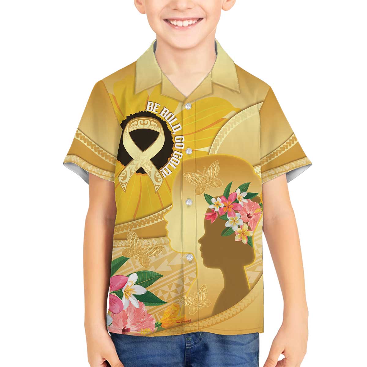 Polynesia Childhood Cancer Awareness Family Matching Off Shoulder Short Dress and Hawaiian Shirt Be Bold Go Gold Polynesian Art LT14 Son's Shirt Gold - Polynesian Pride