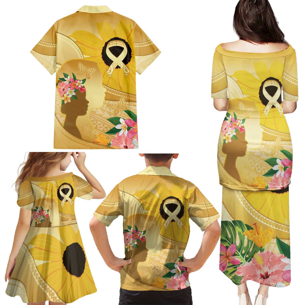 Polynesia Childhood Cancer Awareness Family Matching Puletasi and Hawaiian Shirt Be Bold Go Gold Polynesian Art LT14 - Polynesian Pride